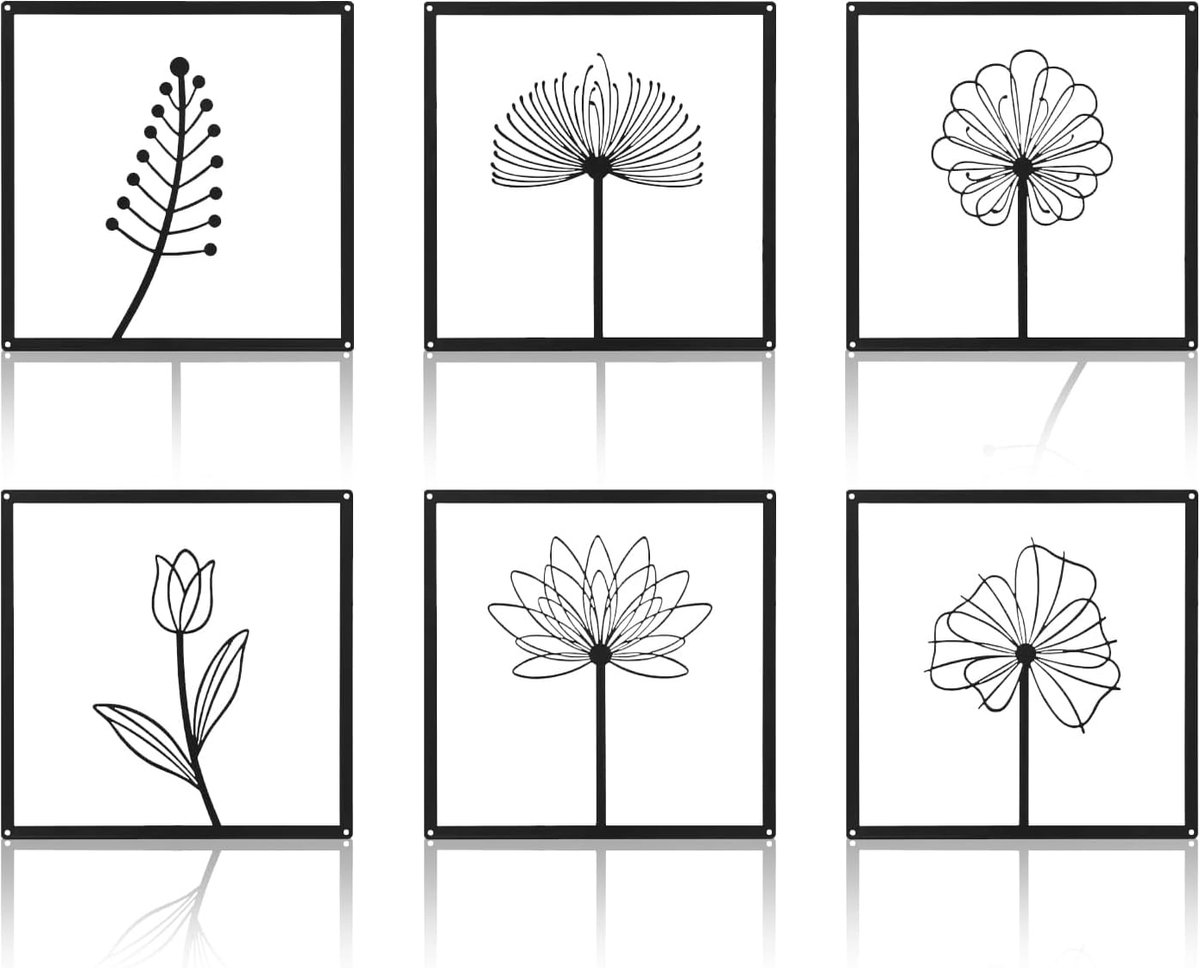 6 stuks metalen wanddecoratie, zwarte ijzeren bloemen en bladkunst (25 x 25 cm), vierkante lijst, wanddecoratie voor woonkamer, slaapkamer, kantoor, binnen en buiten