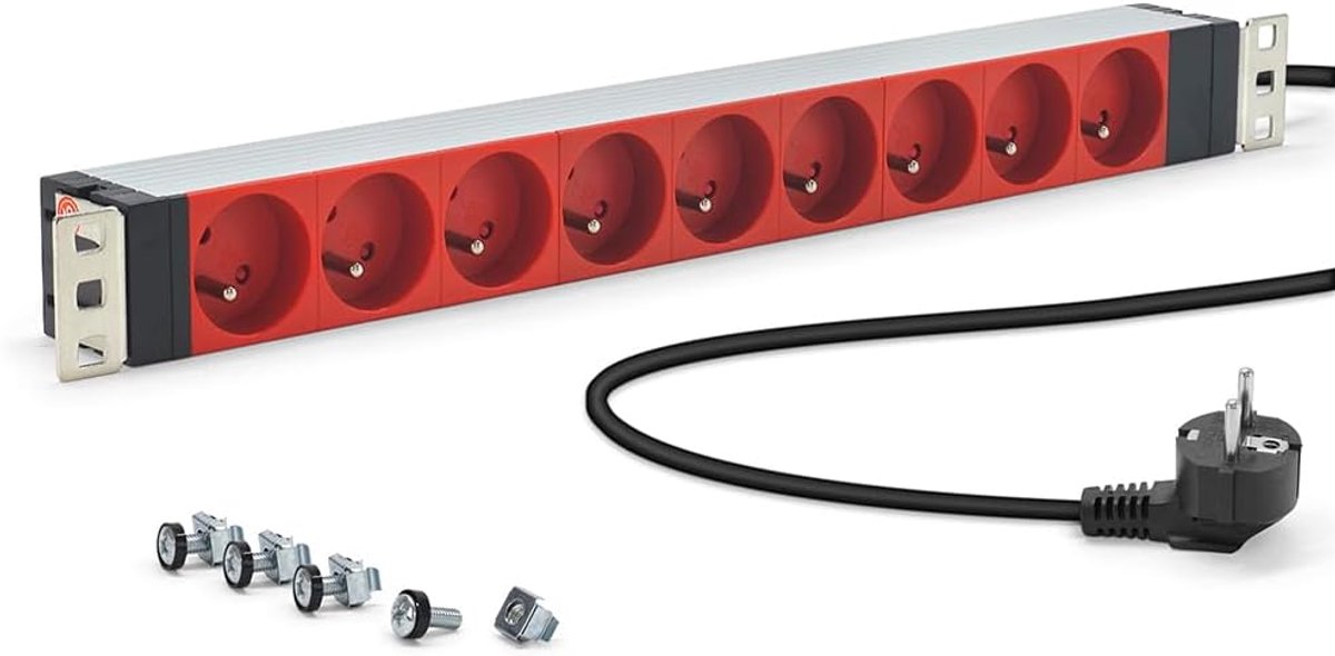 19 inch, 9 stopcontacten, rood, type E, Frans, – robuuste aluminium behuizing, draaibare bevestigingen, kabel 1,80 m, kinderbeveiliging – intrekbare netwerkbays