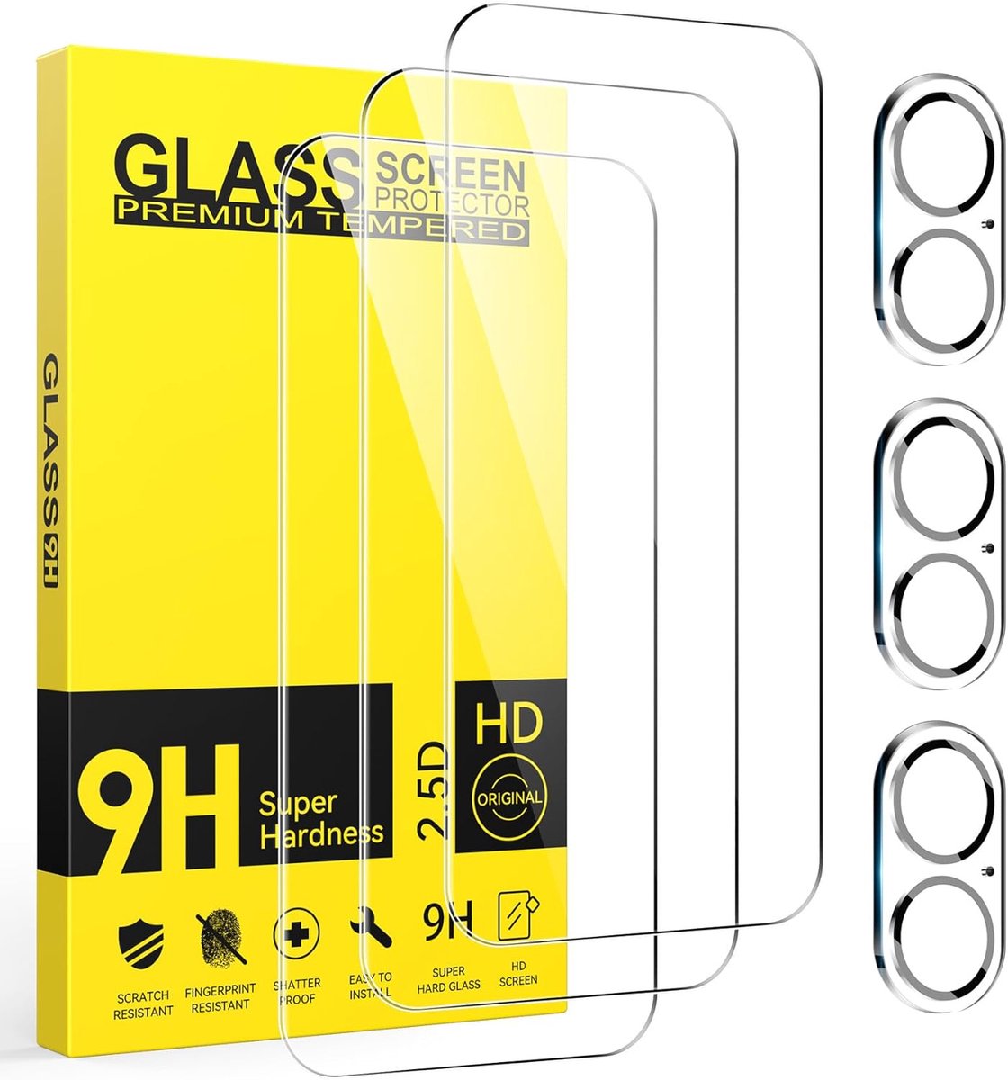 3 stuks pantserbescherming, glas, compatibel met iPhone 16, beschermfolie met camerabescherming, 9H hardheid gehard glas, HD-displaybescherming, krasbestendig, zonder luchtbellen,