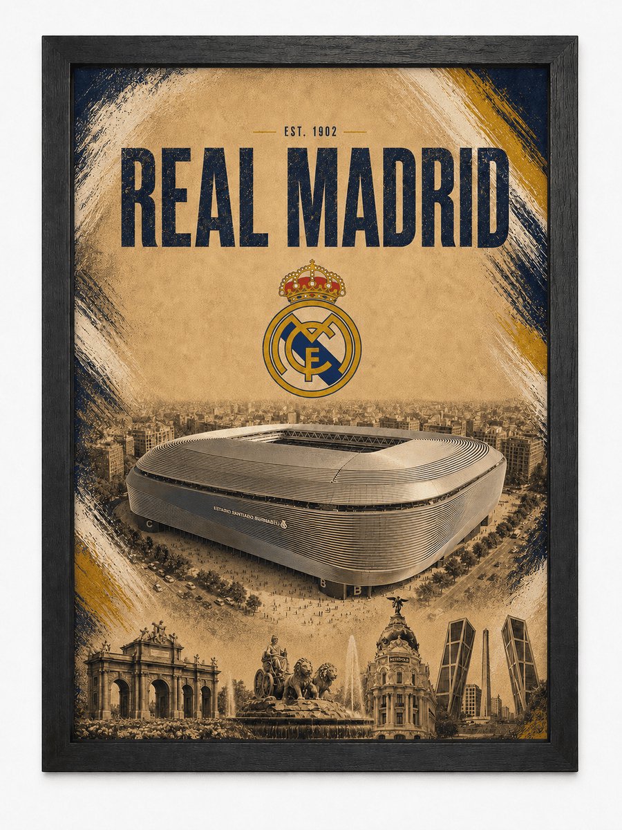 Real Madrid Poster | Santiago Bernabéu Stadion & Madrid | Inclusief Zwarte A4 Lijst | Voetbal Wanddecoratie