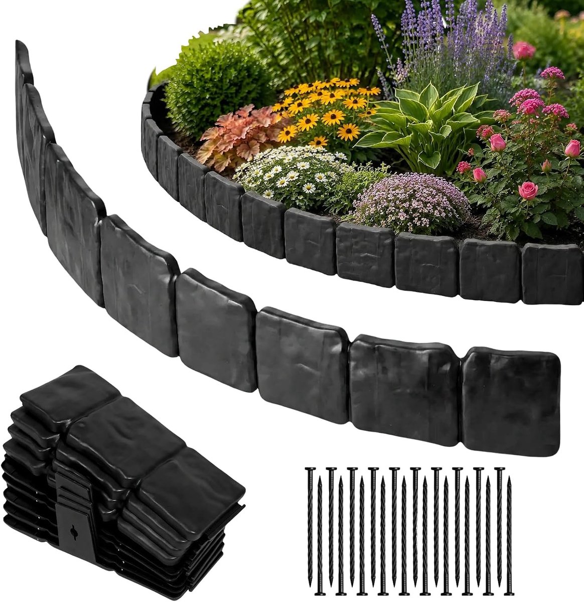 Gazonrand voor de tuin, steenlook, grijs, 5 m, kunststof | Eenvoudig te installeren, voor bloembedden, buitenrand, decoratief hek, in hoogte verstelbaar