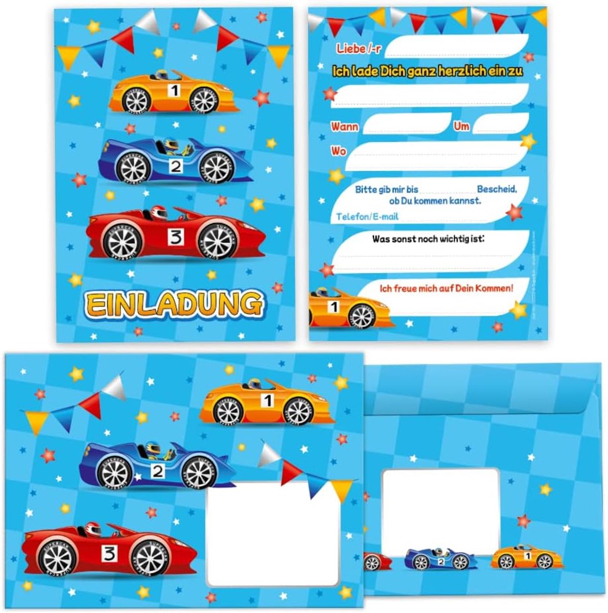 12 uitnodigingskaarten incl. 12 enveloppen voor kinderverjaardag jongens raceauto verjaardagsuitnodigingen