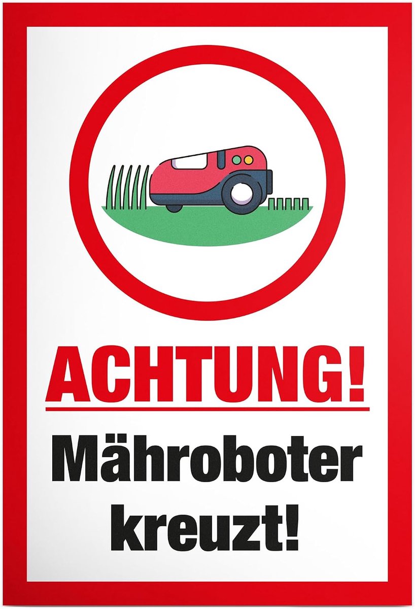 Robotmaaier gekruist - bord 30 x 20 cm - grappig waarschuwingsbord voor tuin en gazons - tuinbord weerbestendig duurzaam - robotmaaier