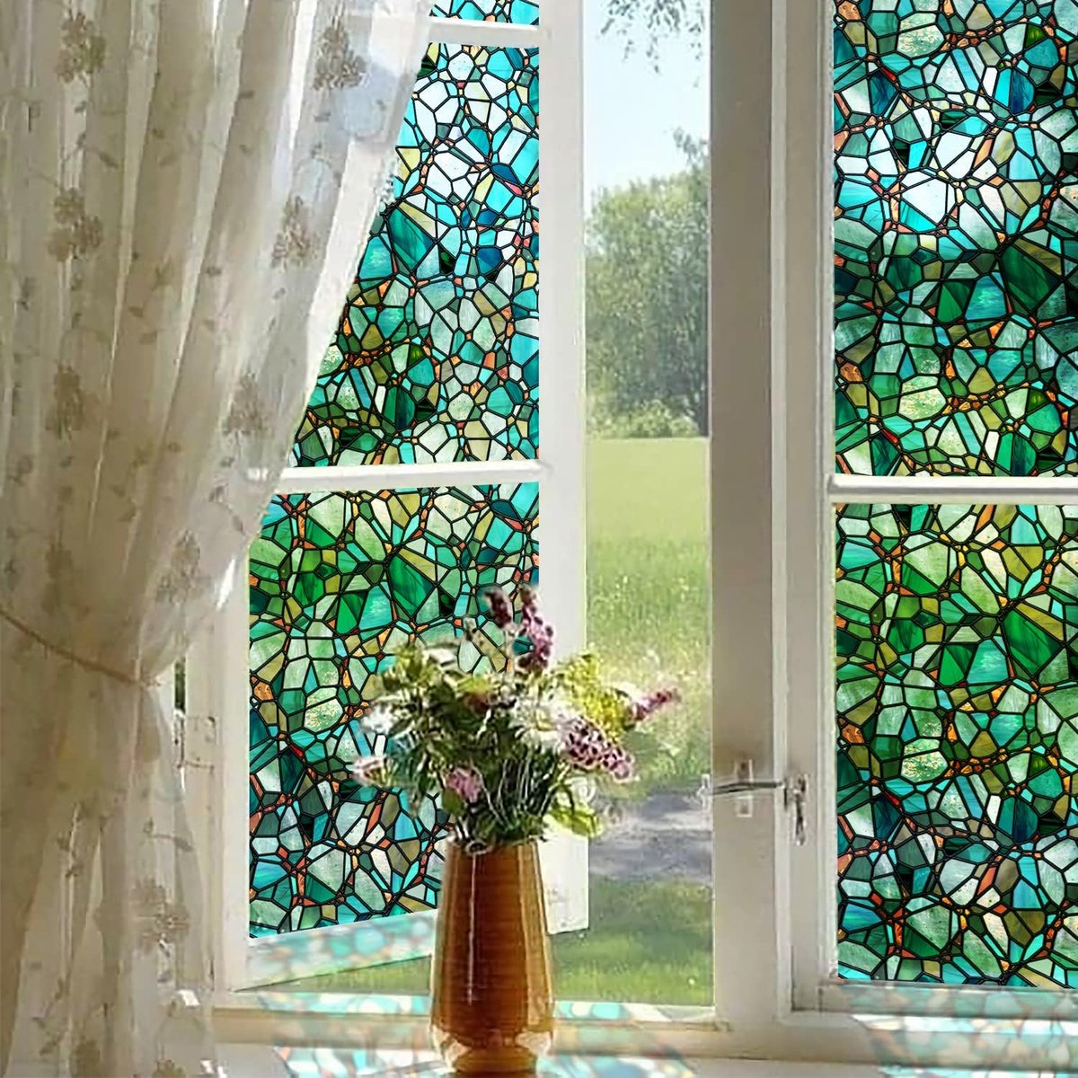 40x200cm Dubbelzijdige Gekleurd Glas Raamfolie, Grenen Kasseien Statisch Hechtende Privacyfolie, Statische Raamfolie Zelfklevend, Slaapkamer Woonkamer Keuken Decoratiefolie