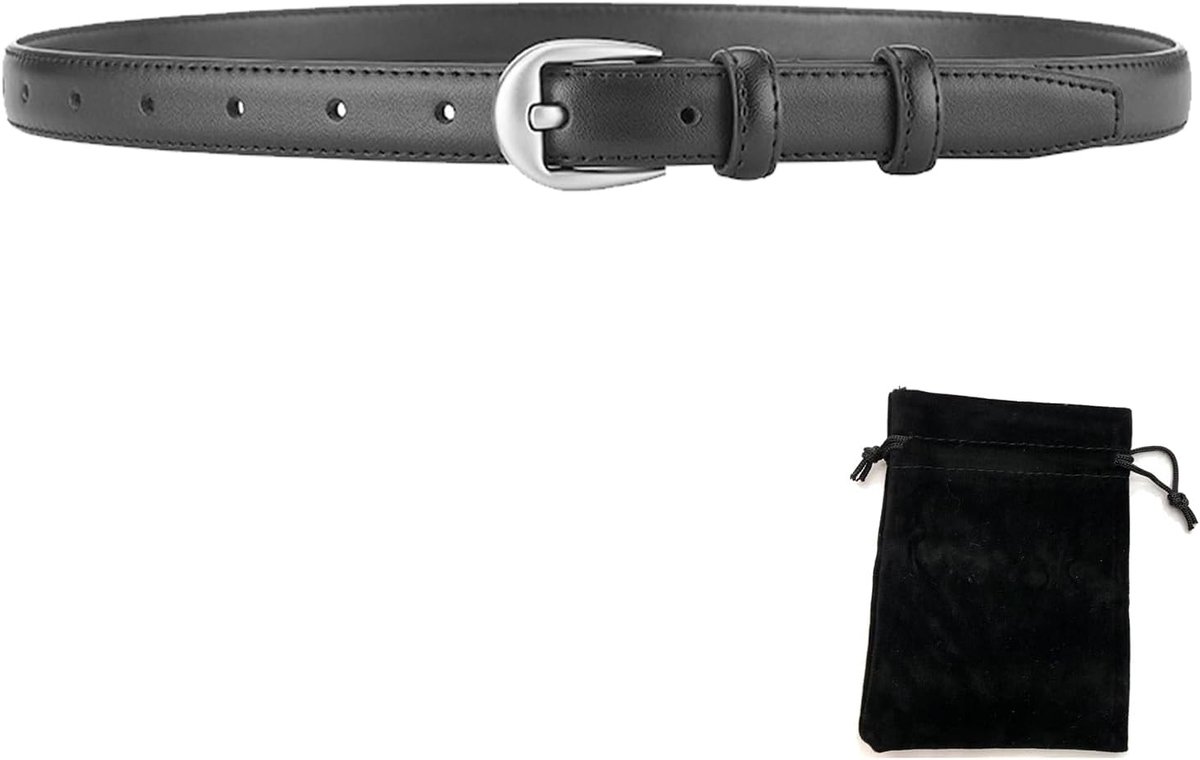 Dunne riem, Vrouwen Skinny Lederen Riem, skinny leren damesriemen voor jurken, Met fluwelen zakje van 12 x 15 cm, Geschikt voor jurken, jeans (110 cm, zwart)
