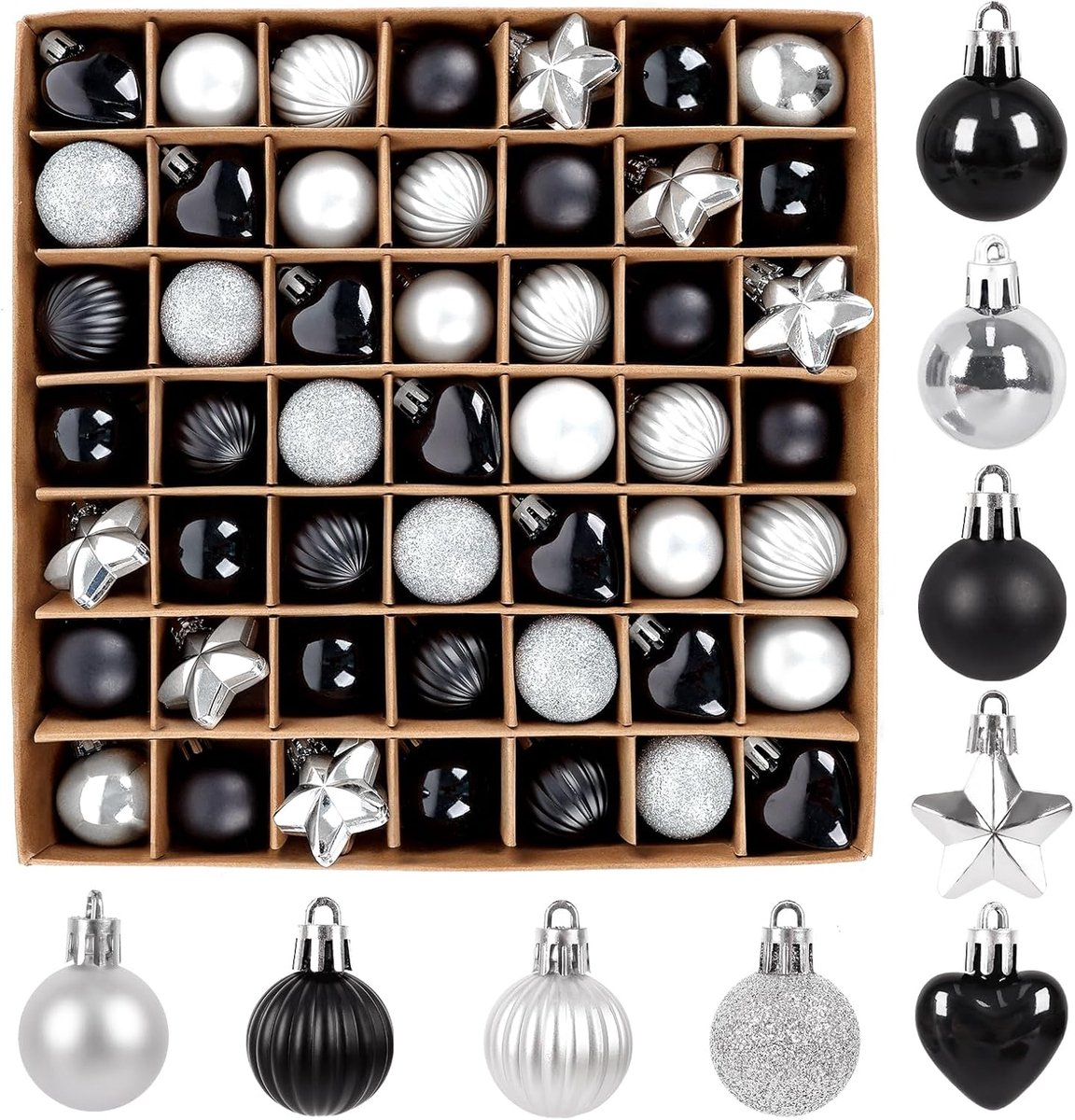 Kerstballen & Sterren & Hartjes Set - 3 CM Kunststof Kerstboomballen Zwart Zilver Mini Kerstboomballen Onbreekbaar met Cadeaupakket, Kerstboomversiering Kerstdecoratie
