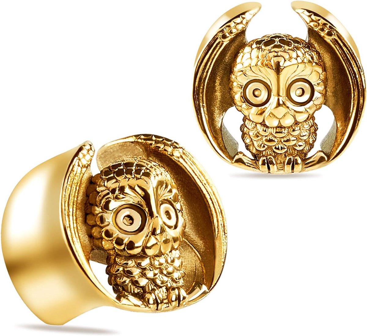 Oorplug voor dames en heren, set dubbele uitlopende oorpiercing, stretch-oordopjes van roestvrij staal met uil Uhu, 7 mm tot 15 mm