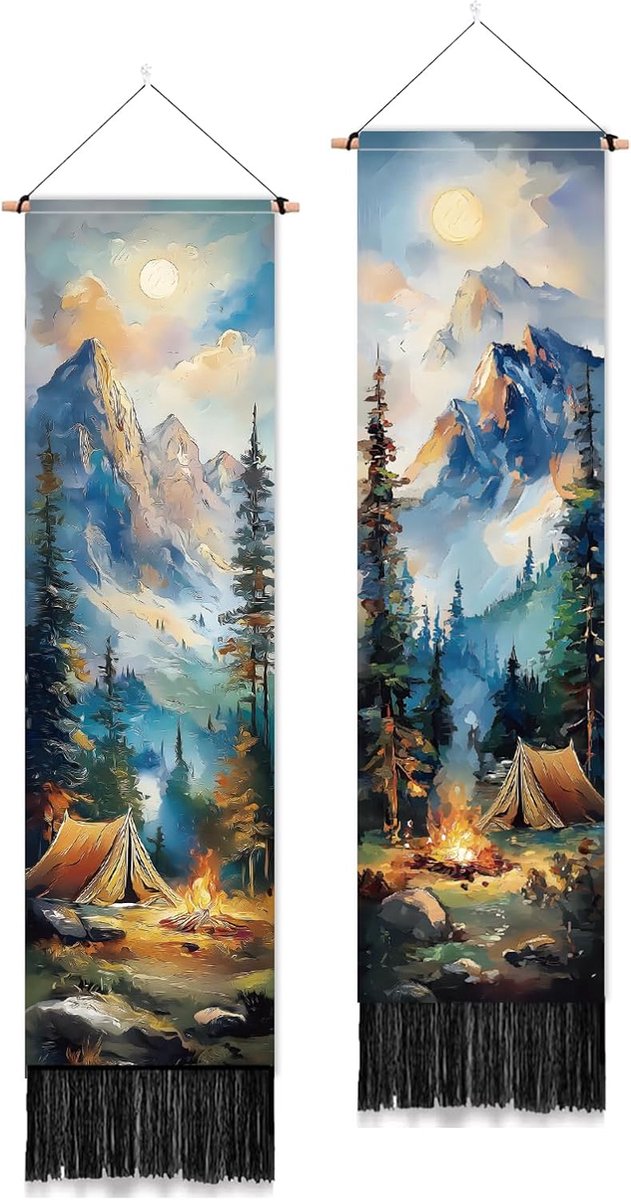 2 Pack Bos Kampvuur Camping Wandtapijt, Olieverfschilderij Stijl Lange Verticale Tapestry Esthetische Muur Opknoping met Kwasten voor Slaapkamer Woonkamer Badkamer Home Art Decor Housewarming