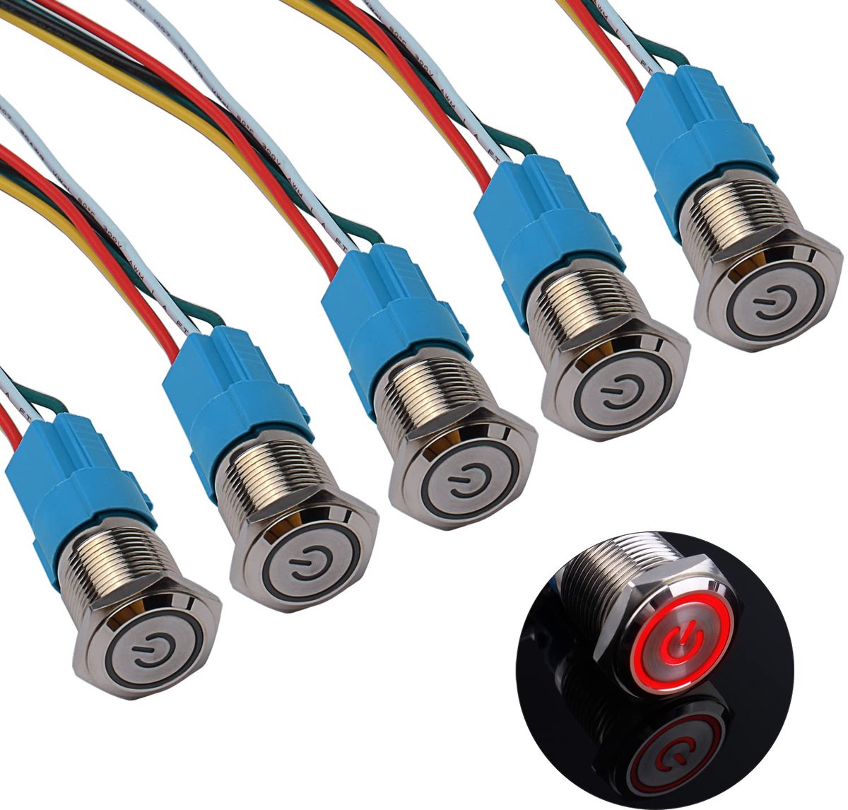 5 × 16 mm vergrendelende drukschakelaar, metaal, 12 V tot 24 V, 3 A, vergrendelende aan/uit-schakelaar met rood LED-symbool, IP66, 1NO1NC, zelfborgende waterdichte voorbedrade drukknop voor boot,