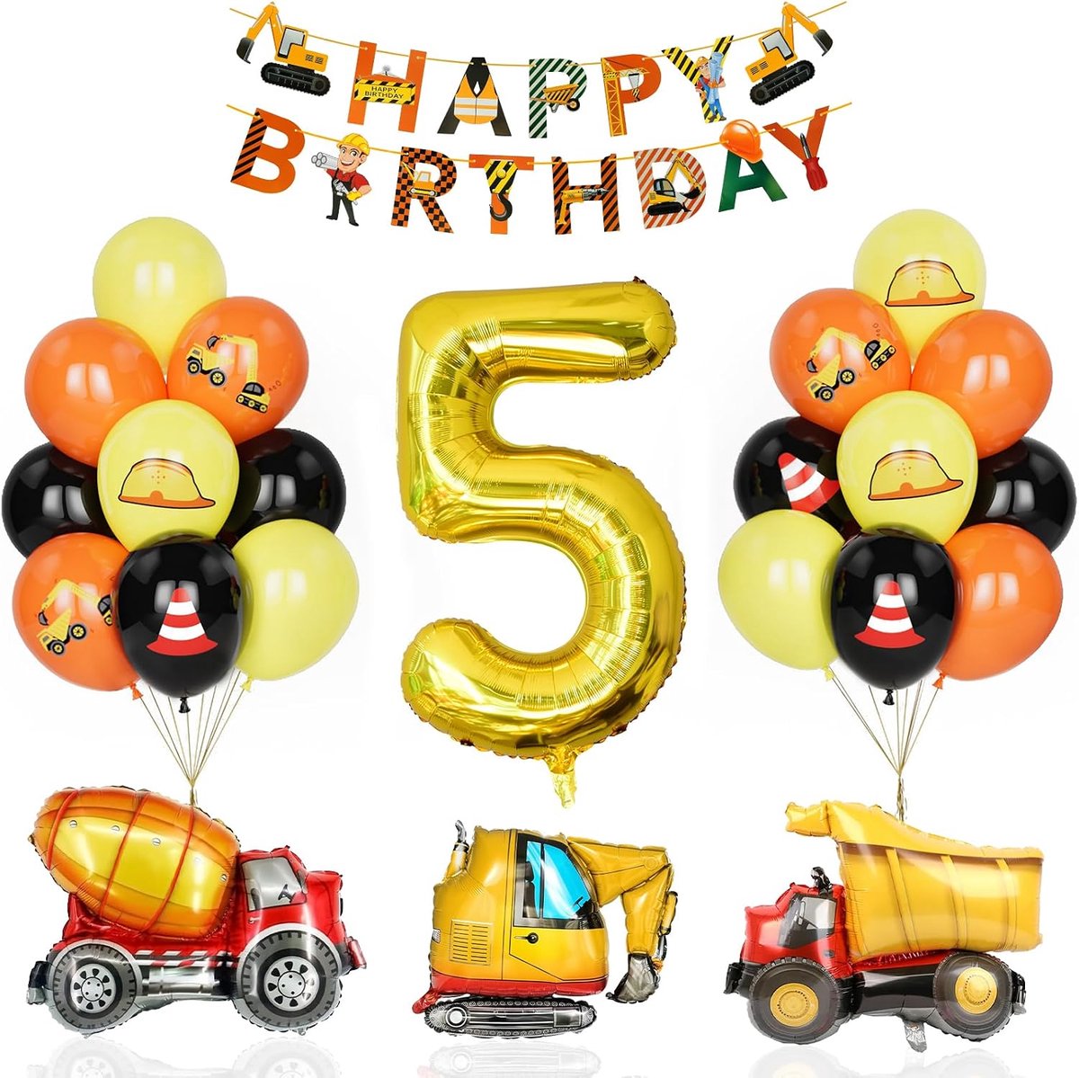 Ballonnen, tractor met nummer 5, bouwplaats, werknemer, Happy Birthday-banner