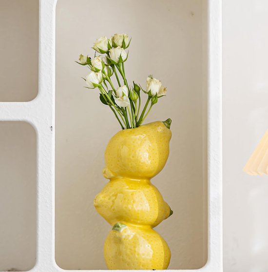 Gestapelde keramieken vaas in de vorm van citroenen – Creatieve vaas met fruitthema in Scandinavische stijl – Decoratie voor op tafel – Diameter opening 2,1 cm, hoogte 20,1 cm