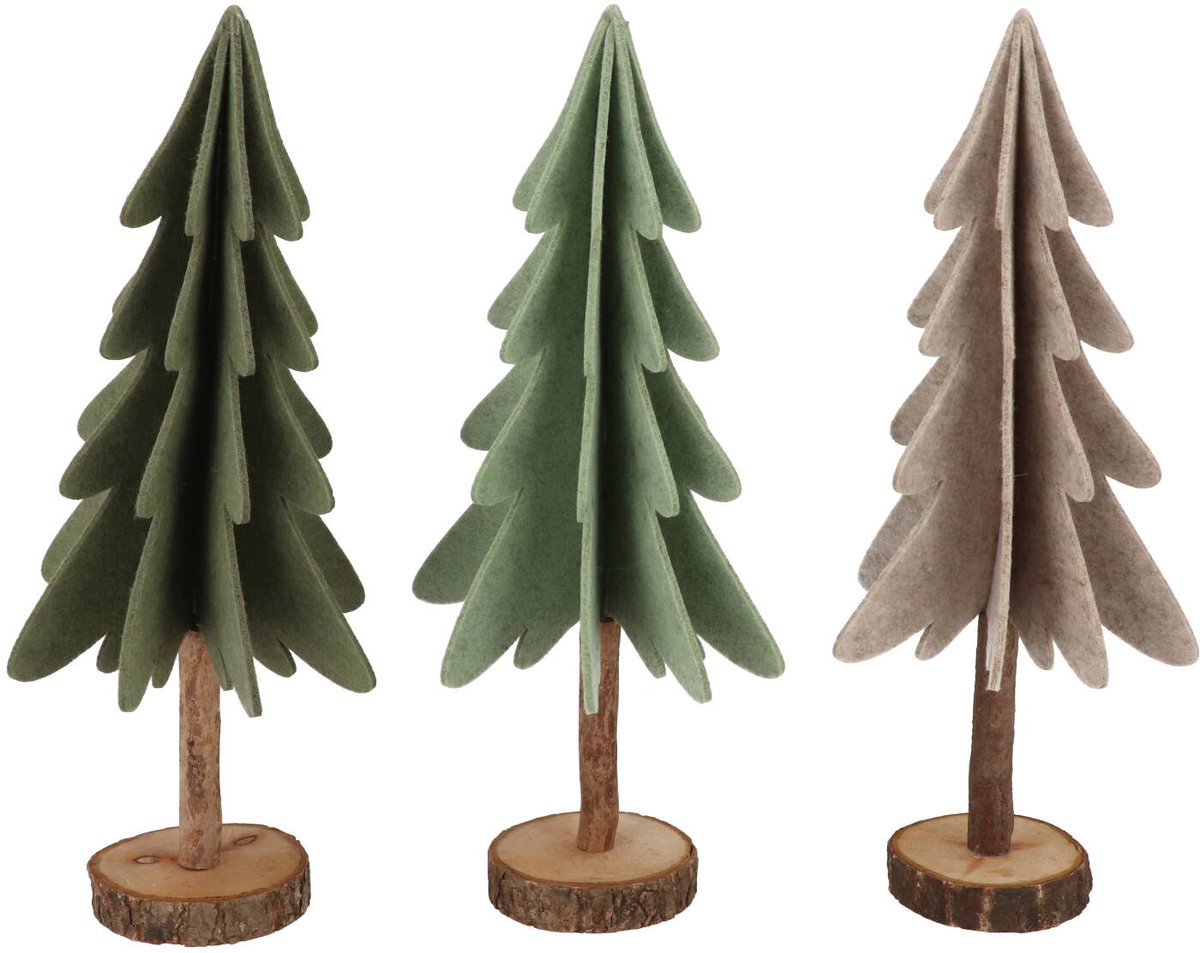 Daan Kromhout - Kerstbomen - Vilt - Set van 3 - Groen Lichtgroen en Beige - houten voet - 16x36 cm - Kerst - Winter