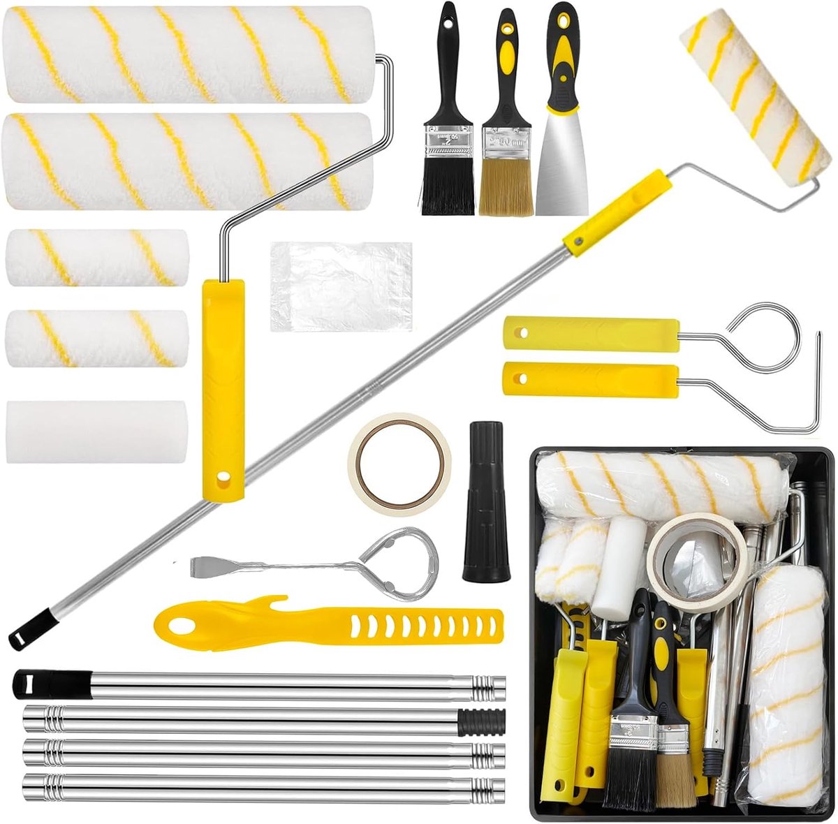 18-delige schilderset met telescoopstang, professionele verfrollerset incl. 23 cm en 10 cm rollen, verfbak, penseel en accessoires, voor muren, plafonds en renovatie