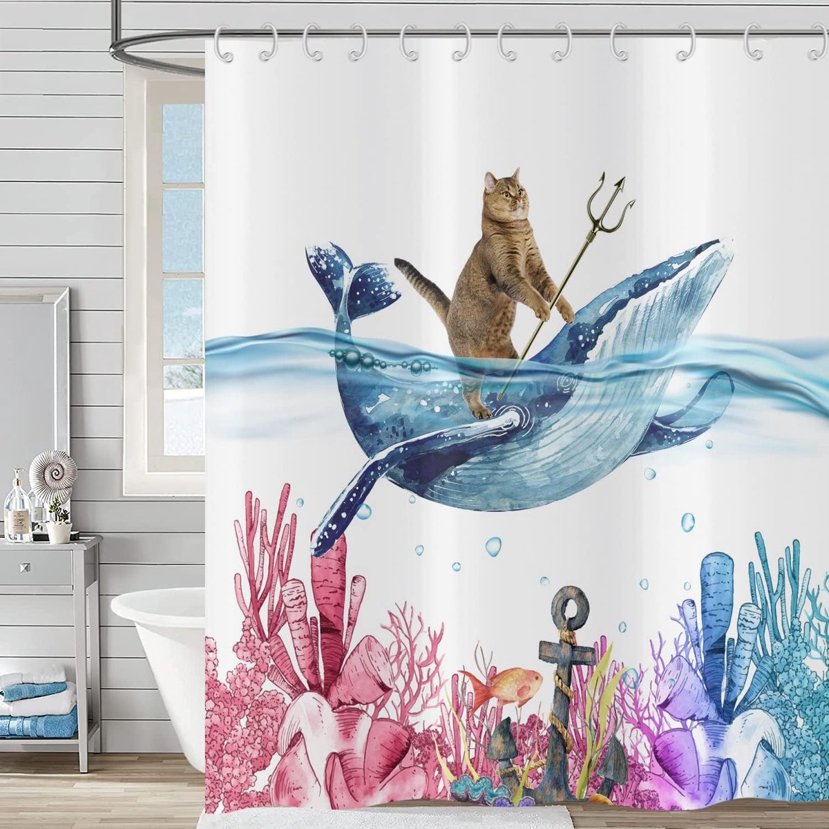 Kat douchegordijn 180 x 180, Hnmdmyi schattig kitten paardrijden walvis douchegordijnen oceaan koraal zeewier tropische vissen kinderen badkamer gordijnen waterdicht polyester stof bad