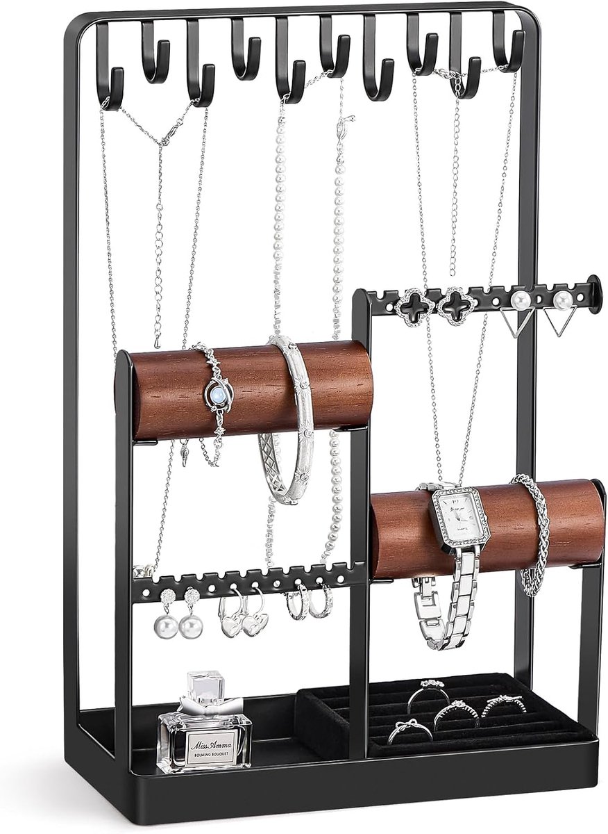 Esthetische sieradenorganizer, sieradenstandaard voor halskettingen, armbanden, oorbellen en ringen, kamerdecoratie, zwart