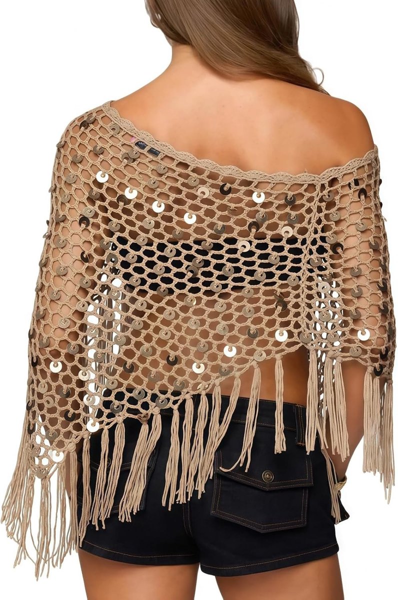 Crochet Poncho voor Dames met Pailletten en Franjes - Handgemaakt Strandaccessoire, Perfect voor Zwemkleding en Festivals