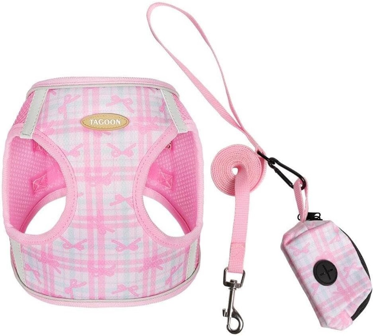 Zachte en Ademend Hondentuig met Leash en Poepzakhouder voor Puppy’s en Kleine Honden, Roze