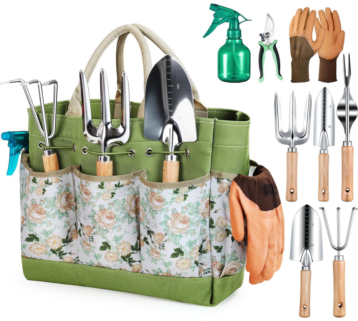 9-delige Tuingereedschap Set met Opbergtas - RVS Tuinset met Ergonomische Handgrepen - Compleet Plantenverzorgingspakket voor Tuinieren, Bloemen & Moestuin - Inclusief Organizer Tas