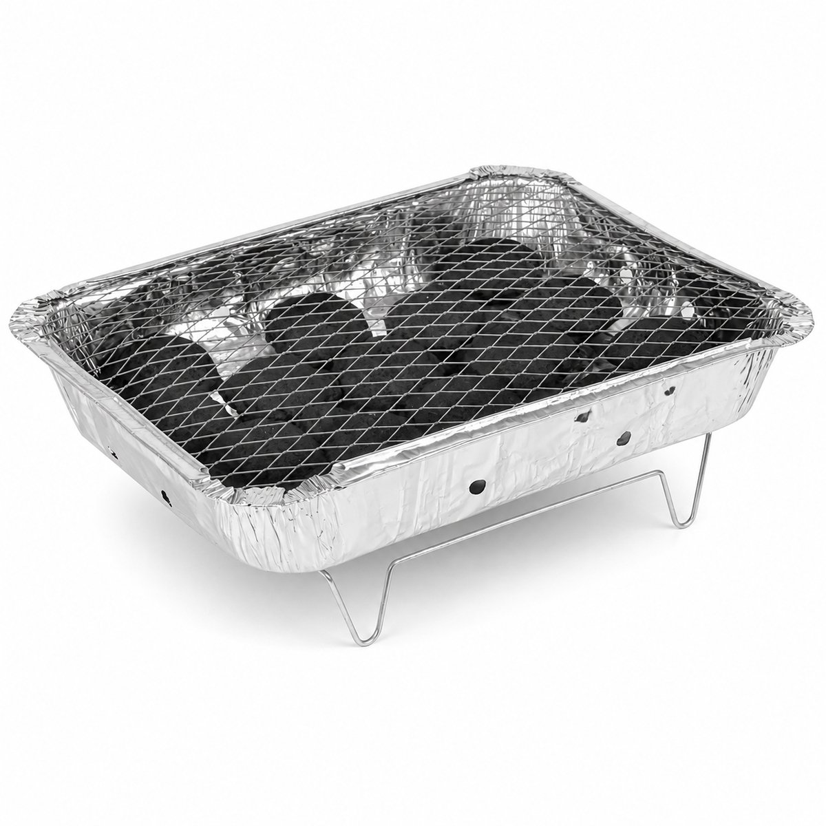 WDMT Wegwerpbarbecue 31 x 25 cm – Complete Eenmalige BBQ met Houtskool en Grillrooster – Draagbare Tafelbarbecue voor Camping, Festival, Strand, Picknick & Vakantie – Zilver