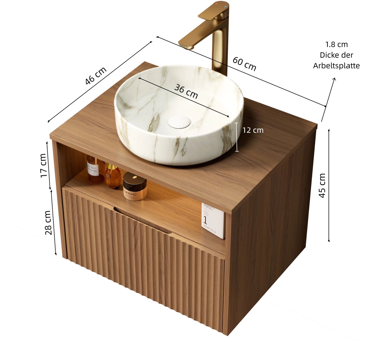 Hangend badkamermeubel met wastafel - Zwevend design met LED-sensor - 60 cm - Bruin eiken & wit - Keramische opzetkom met steenpatroon - Soft-close lade & open legvak - Voorgemonteerd