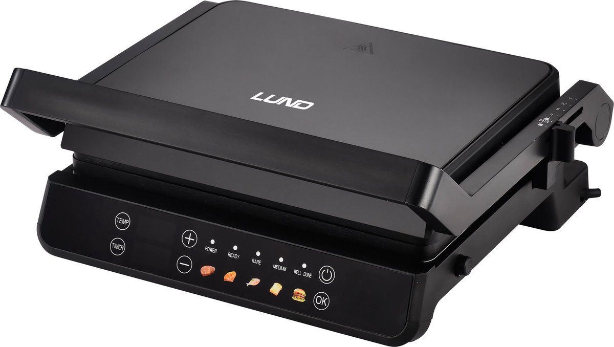 LUND 67440 Elektrische Contactgrill - 2000W - Met 5 Automatische Programmas & LED Display - 180 Graden Uitklapbaar tot Tafelgrill - PFOA-Vrije Antiaanbaklaag - Uitneembare Platen