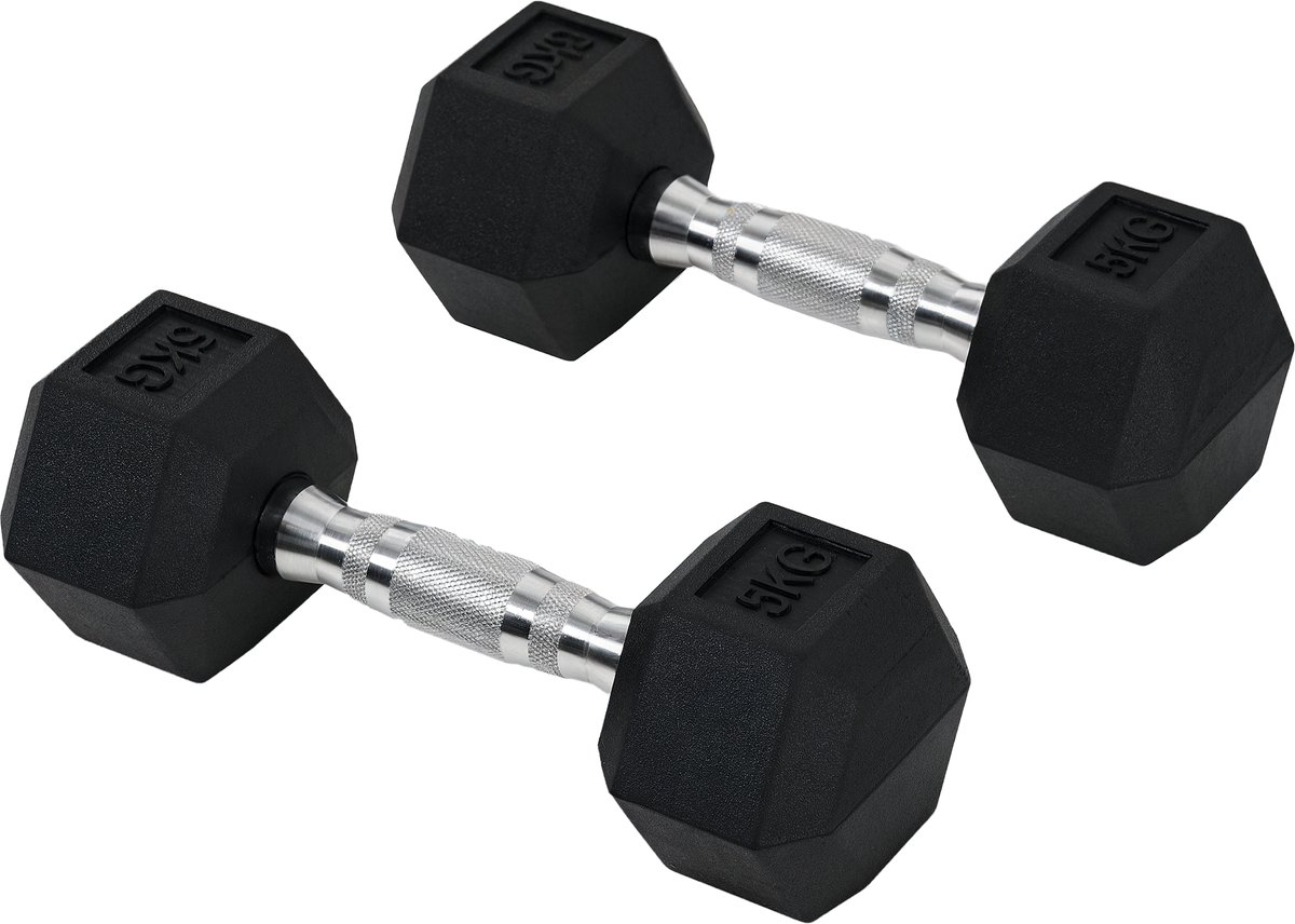 Set van 2 korte halters - 5/10 kg - rubberen ommanteld en vloervriendelijk - anti-slip halters voor training van het hele lichaam in de fitnessstudio - Zwart metaal en rubber