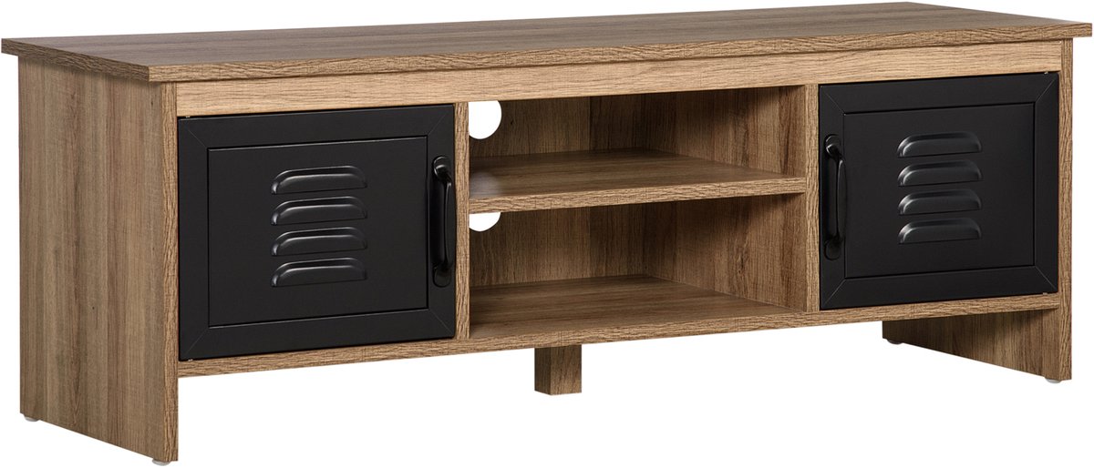 TV-bank - 110 cm - met 2 kasten - 2 nissen - 2 doorvoertules - houtlook - metalen deuren - zwart