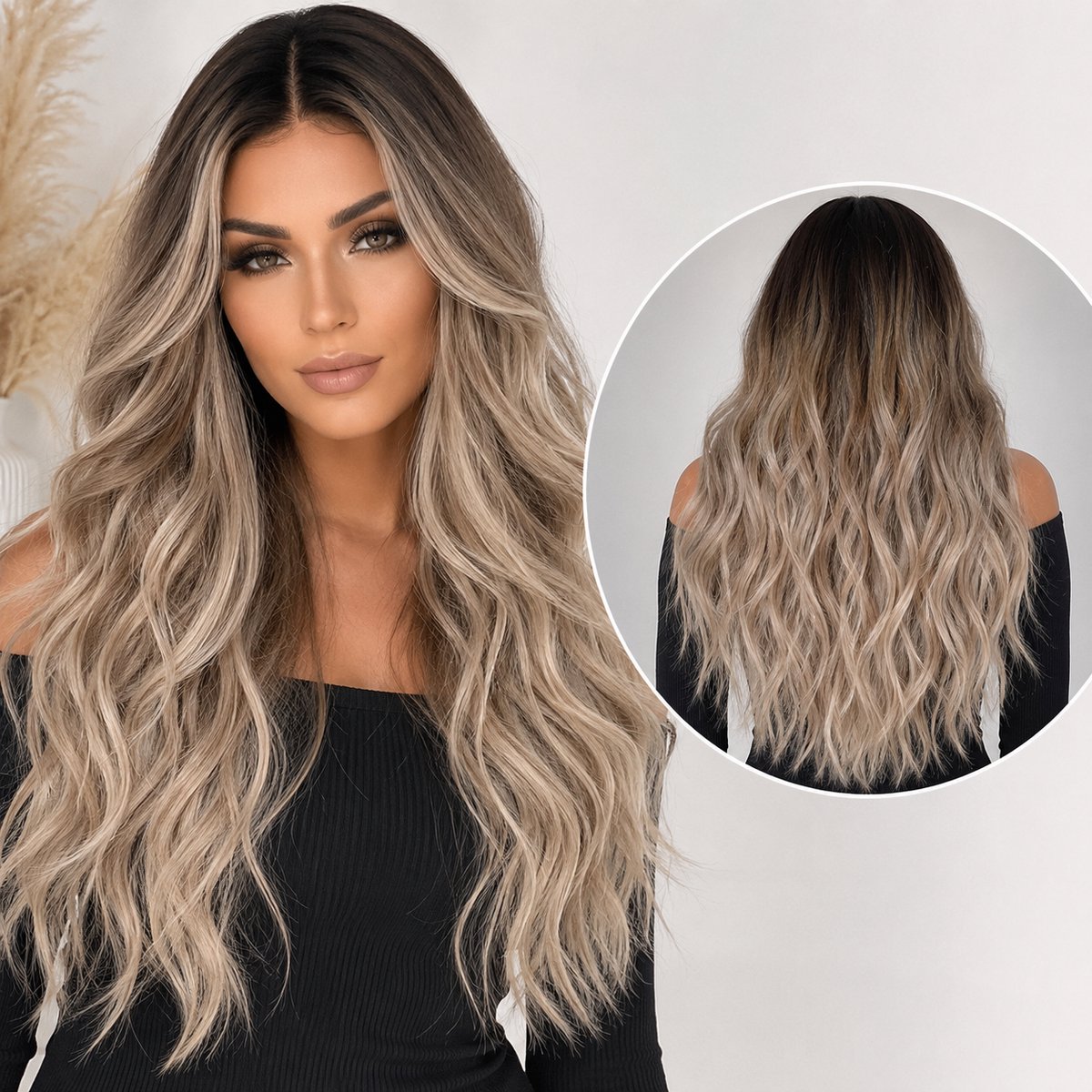 Pro Care Excellent Quality® Dames Pruik – Ombre Donkerbruin Asblond – Lang Golvend Haar – Hittebestendig tot 150°C – Wasbaar – Verstelbare Pasvorm – Natuurlijke Look - 63 cm