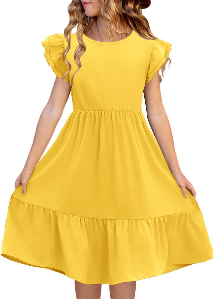 Meisjesjurk, ronde hals, effen, zomerjurk, ruches, mouwen, A-lijn, prinsessenjurk, casual, elegant, bruiloft, verjaardag, casual jurk