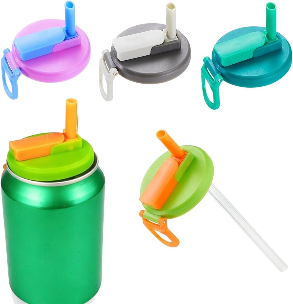 Set van 4 herbruikbare deksels voor drankblikjes, met siliconen rietje en handvat, waterdichte sodablikdeksels voor standaard blikjes 54 mm (cola, bier, limonade)