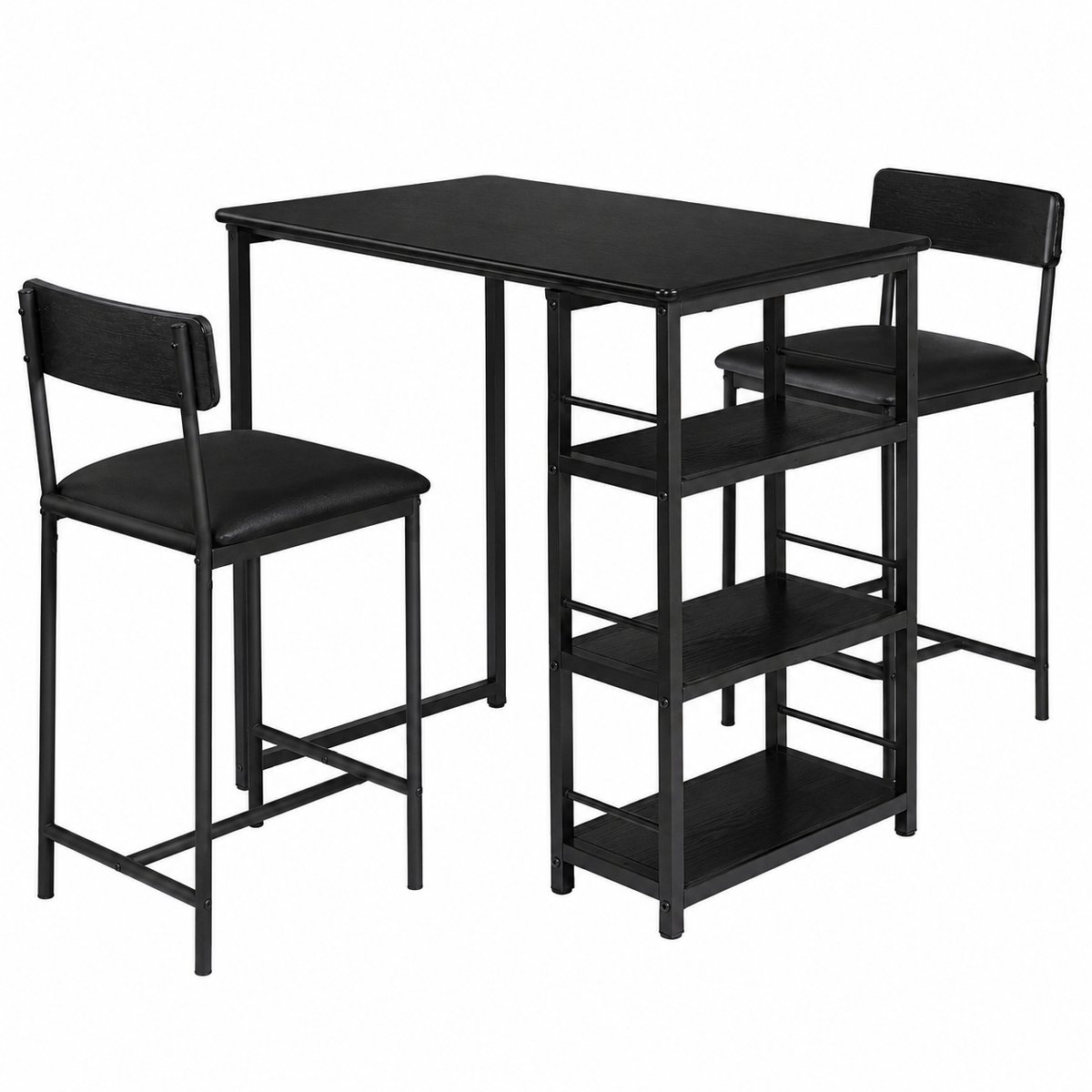 Bresht 3-delige Barset - Met opbergruimte - Zwart - Bartafel 91,4 × 49,8 × 91,4 cm - 2 gestoffeerde Barkrukken 36,8 × 41,9 × 95 cm
