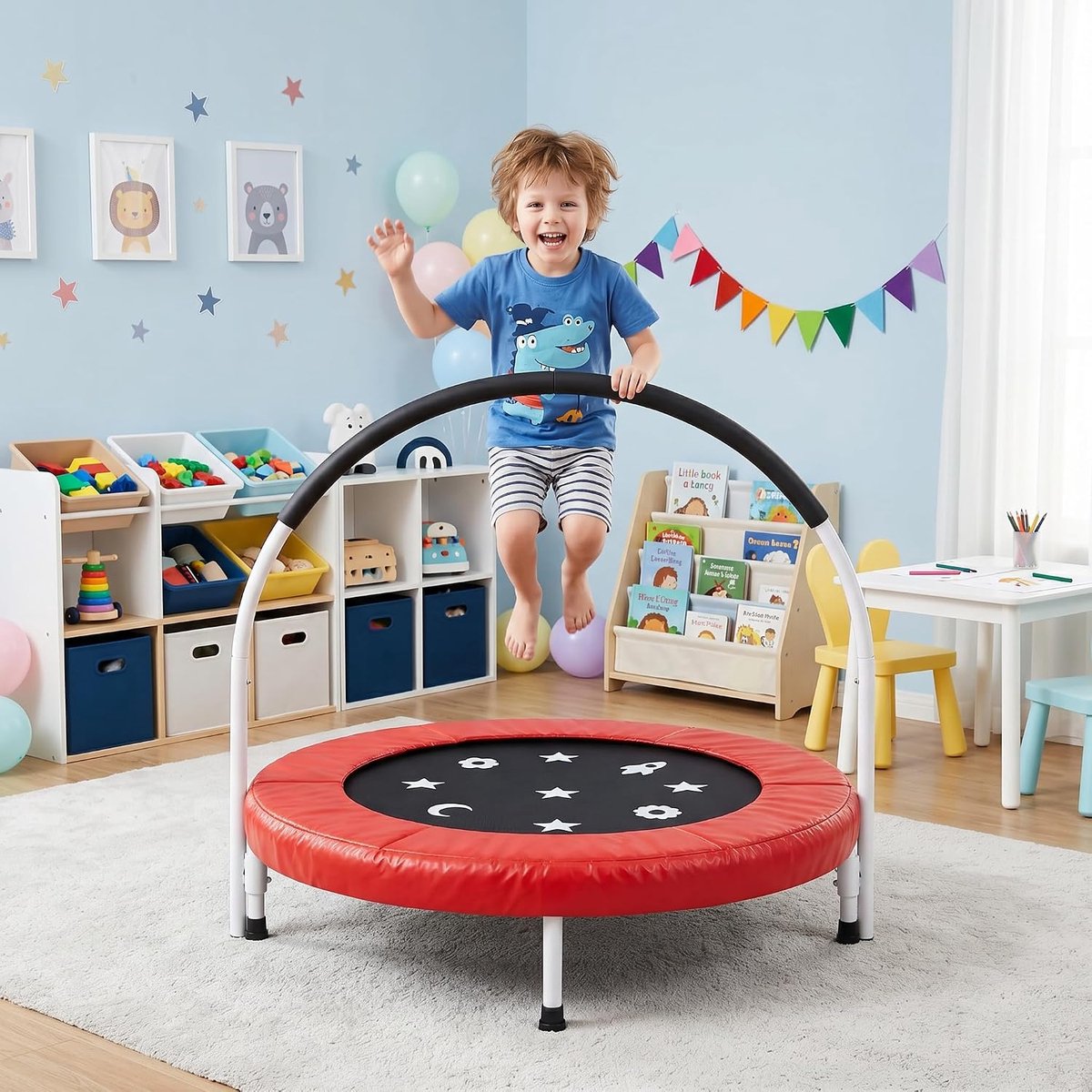 Trampoline van 90 cm voor peuters met handgreep – Opvouwbare kindertrampoline – Mini-juniortrampoline van 36 inch – Stille bungee – Max. 45 kg – Rood