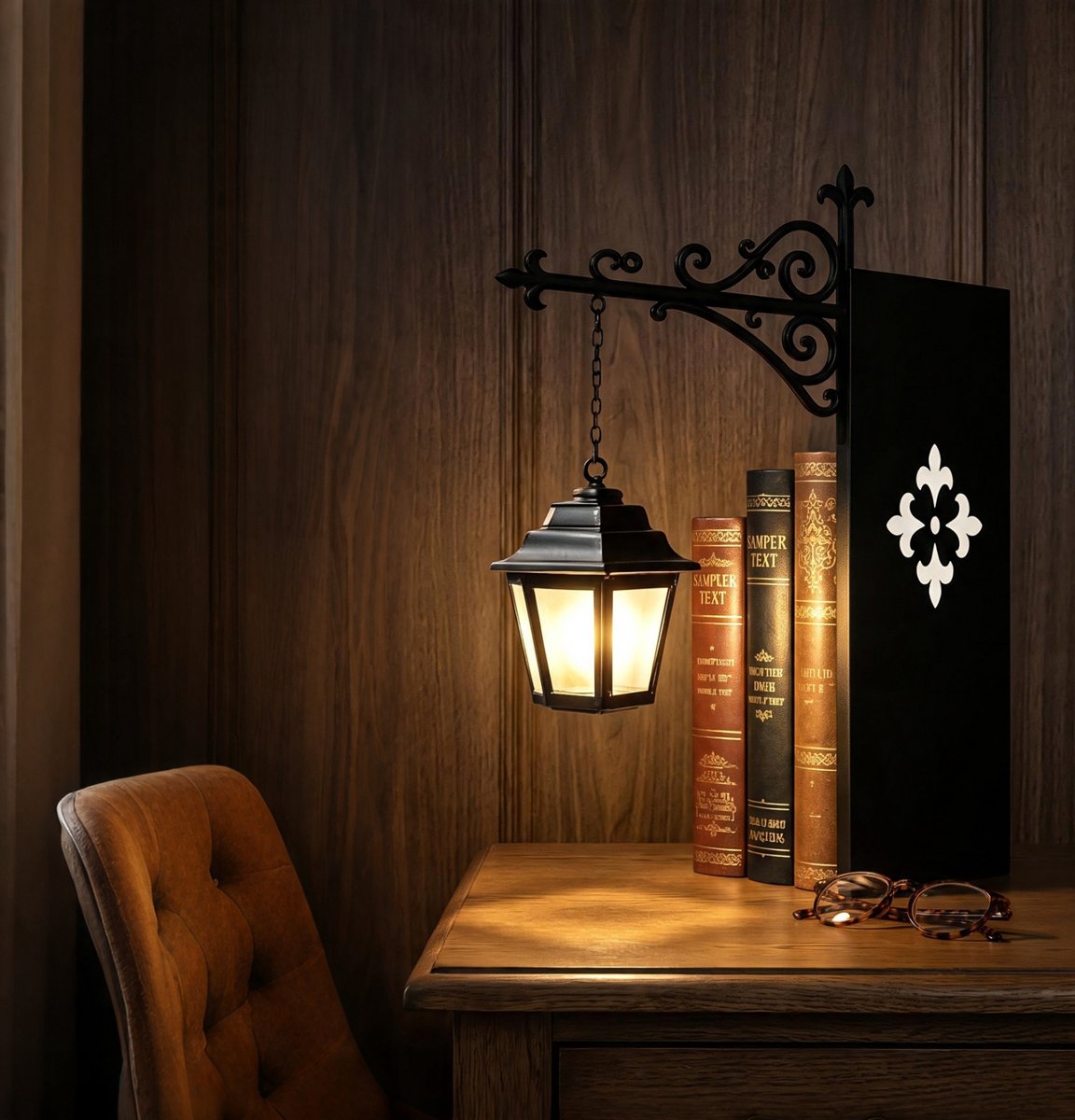 Boekensteun Metaal - Boekensteun met LED Lantaarn Lamp - Vintage Boekenkast Verlichting met Warme Sfeergloed, Mini Hangende Lamp Decoratie voor Leeshoek, Thuisbibliotheek en Boekenliefhebbers - Ghost Design - Halloween