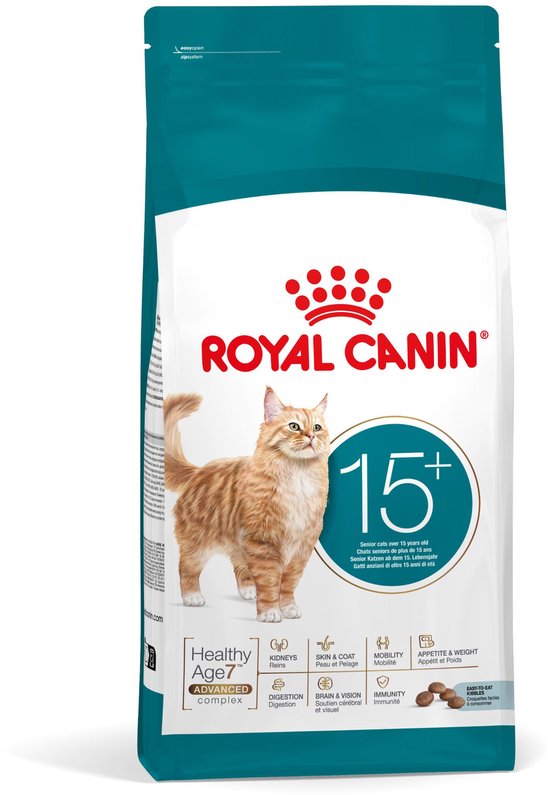 Grote zak Royal Canin Senior Cats 15+, met een oranje gestreepte kat en informatie over de voeding.