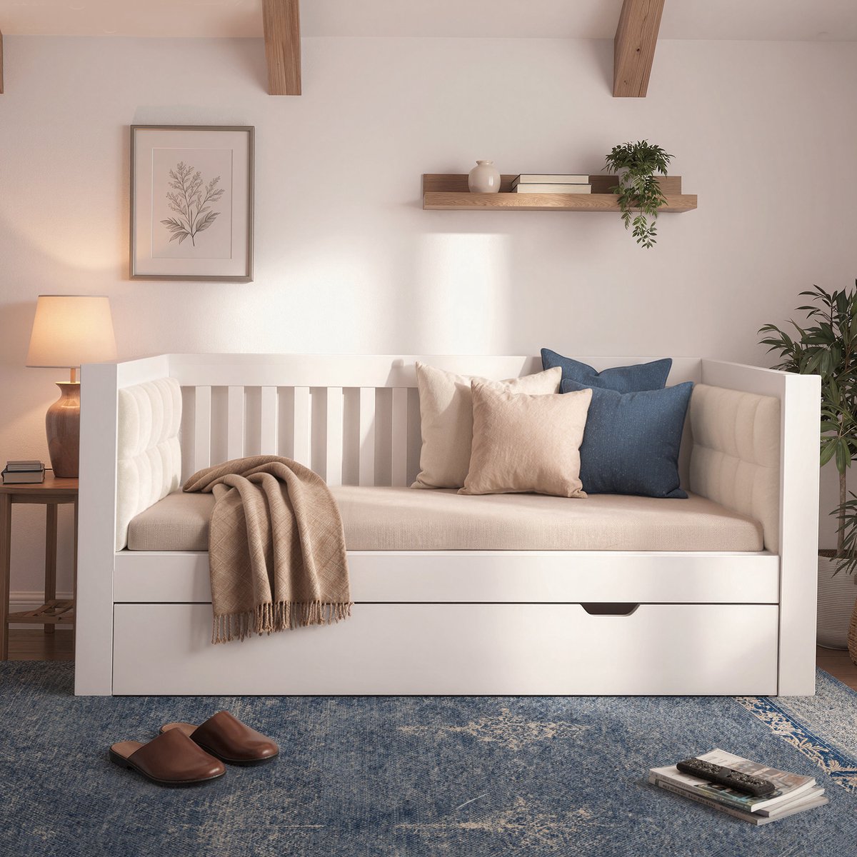 Bedbank - 90x200 Cm - Bed - Met Lattenbodem - Wit - Zonder Matras