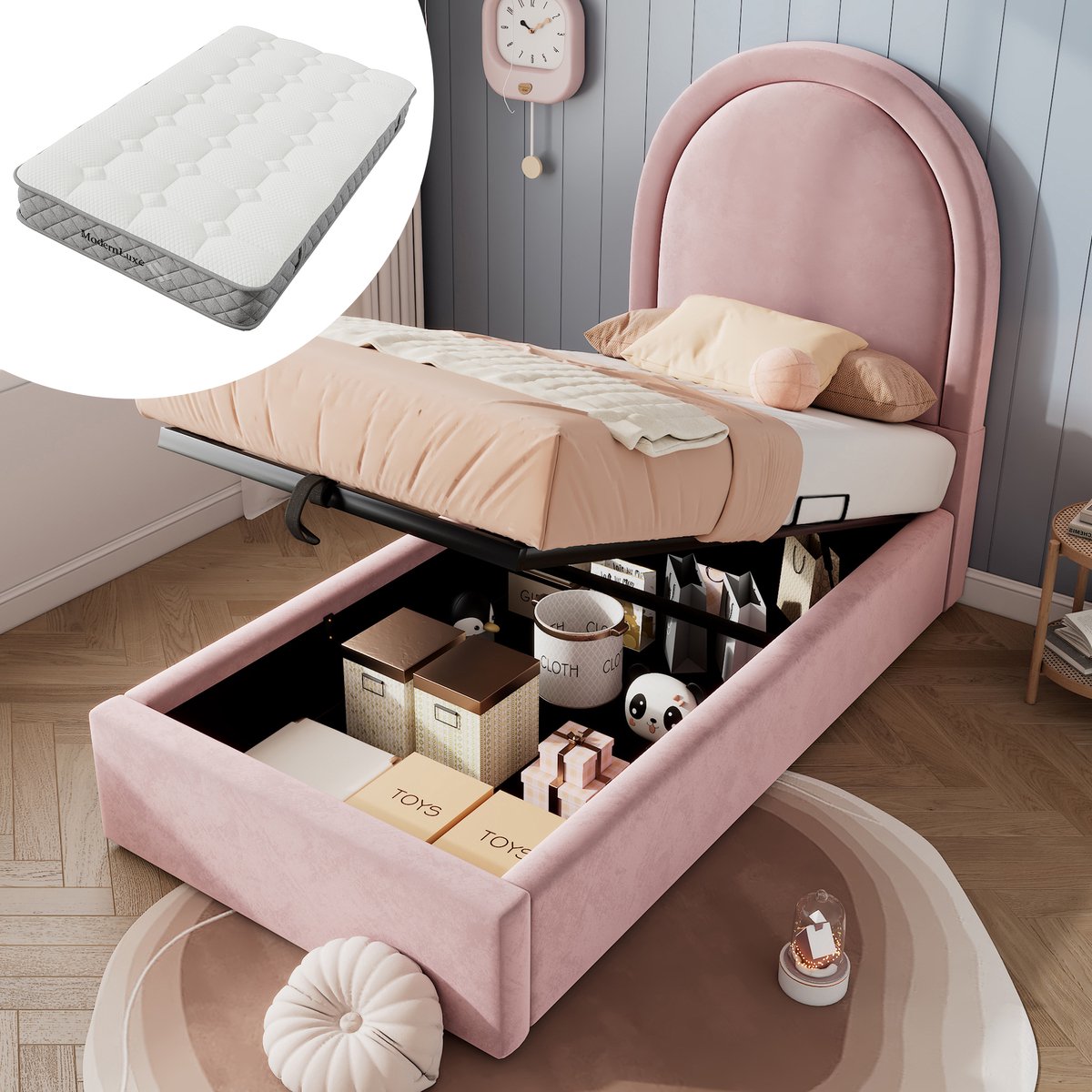 Bedframe - 90x200 Cm - Bed - Met Lattenbodem - Met Opbergruimte - Roze - Met Matras
