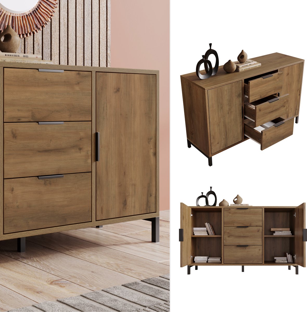 Dressoir 120x40x76 cm - Kast Met 3 Lades En 2 Deuren - Eikenlook Met Verstelbare Planken