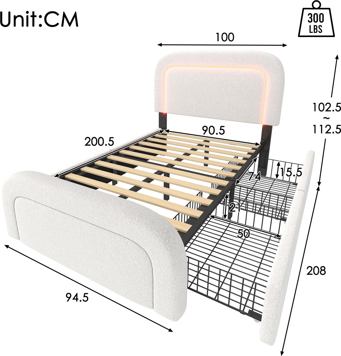 Bedframe - 90x200 Cm - Bed - Met Lattenbodem - Met Opbergruimte - LED - USB C - Wit - Met Matras