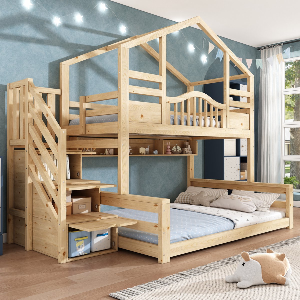 Stapelbed - 90x200 Cm - Bed - Met Lattenbodem - Met Opbergruimte - USB C - Naturel - Zonder Matras