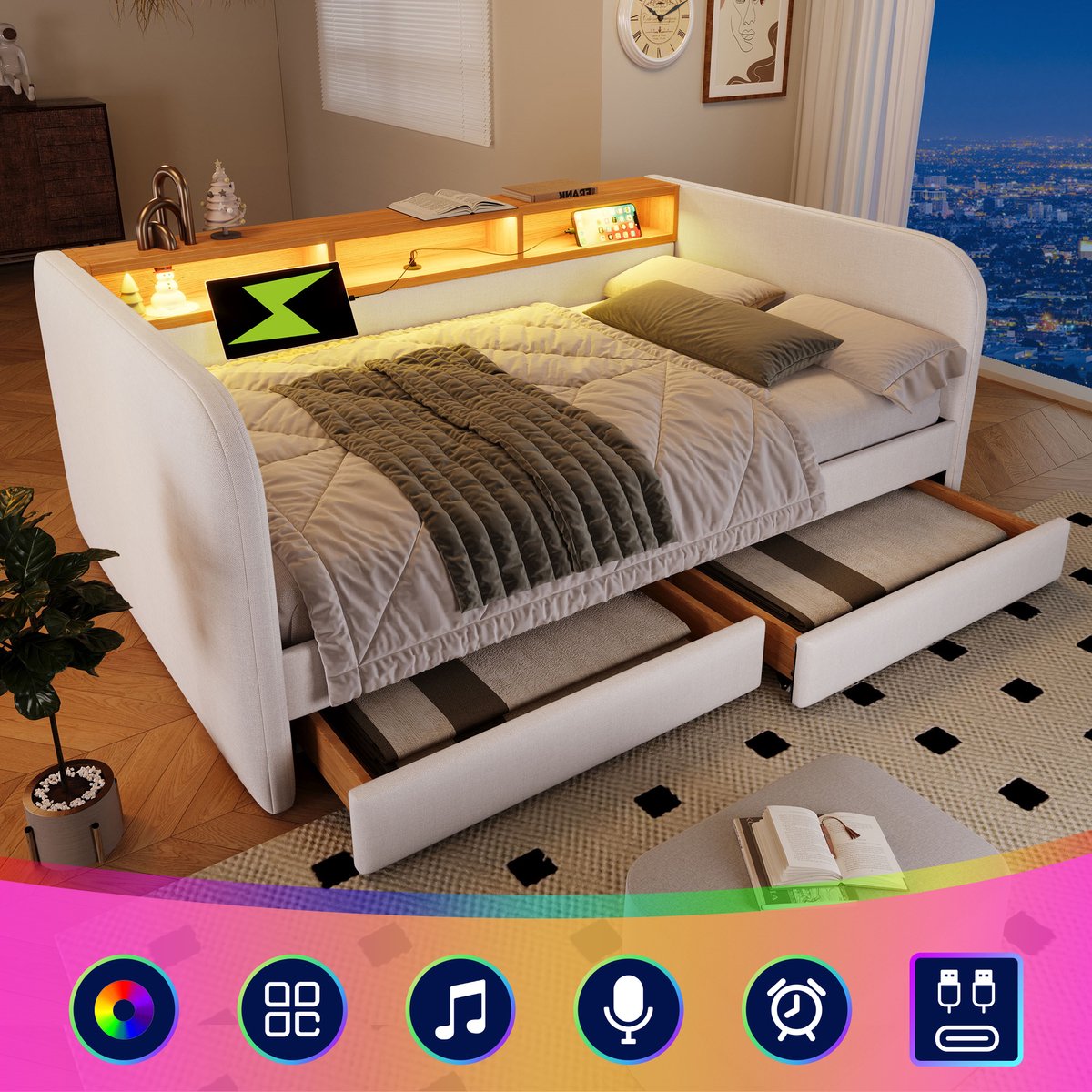 Bedbank - 140x190 Cm - Bed - Met Opbergruimte - LED - USB C - Beige - Zonder Matras