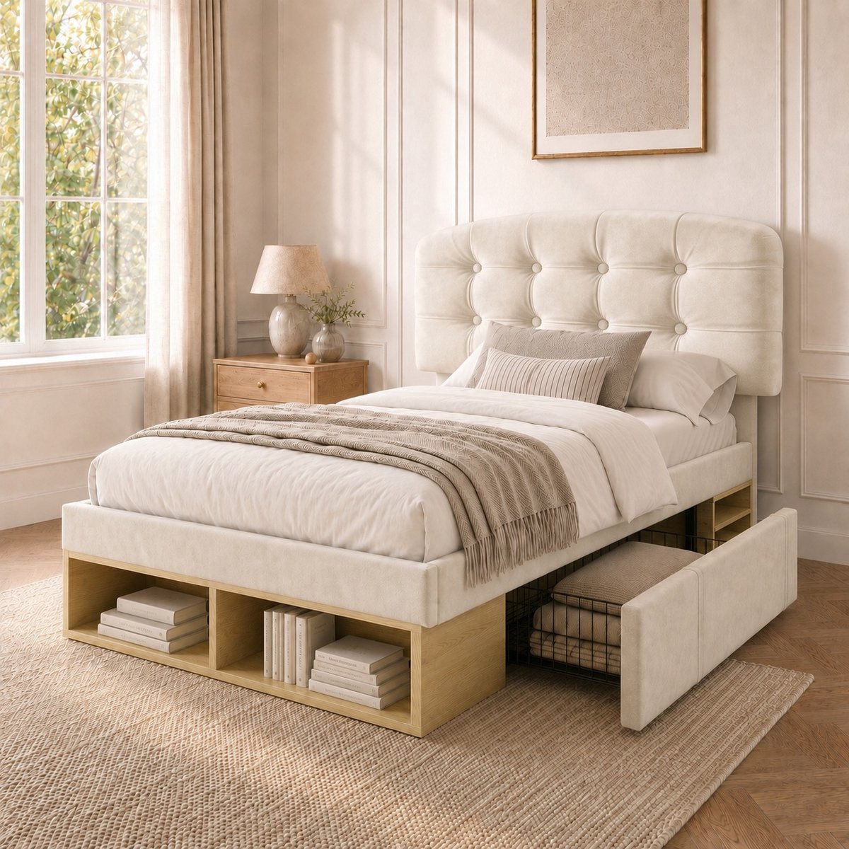 Bedframe - 90x200 Cm - Bed - Met Lattenbodem - Met Opbergruimte - Beige - Zonder Matras