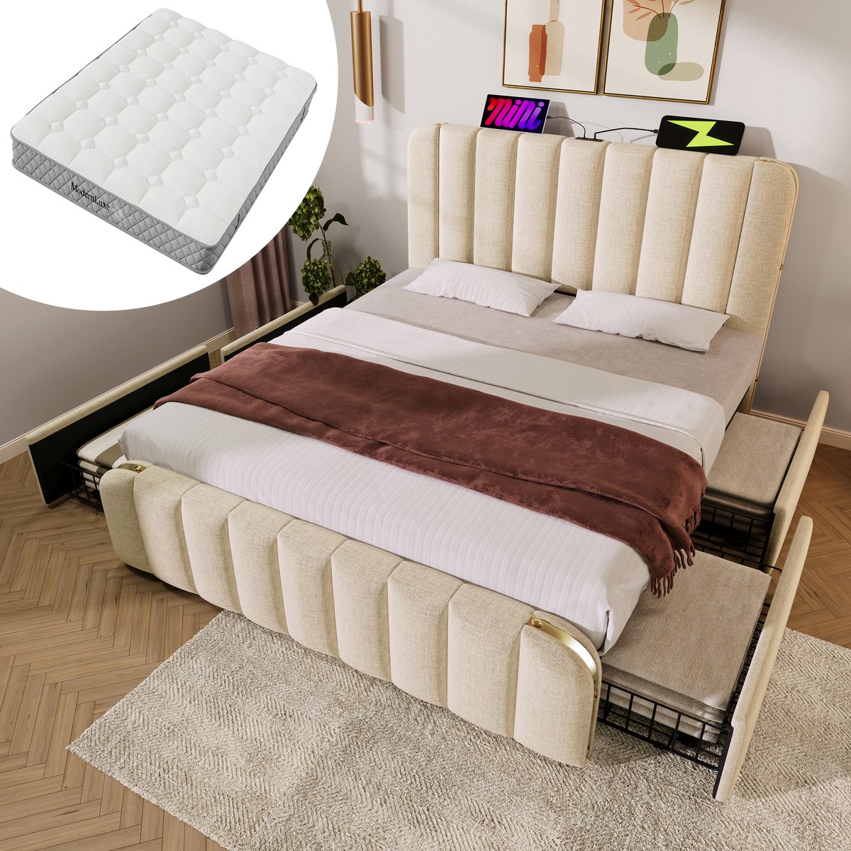 Bedframe - 140x200 Cm - Bed - Met Lattenbodem - Met Opbergruimte - USB C - Beige - Met Matras
