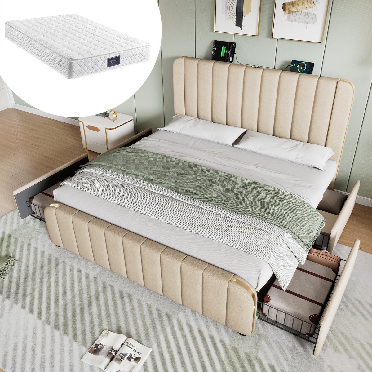Bedframe - 140x200 Cm - Bed - Met Lattenbodem - Met Opbergruimte - USB C - Beige - Met Matras