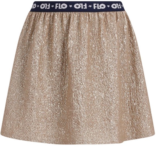 Een korte gouden rok met een elastische tailleband met het 'FLO'-logo en sterretjes.