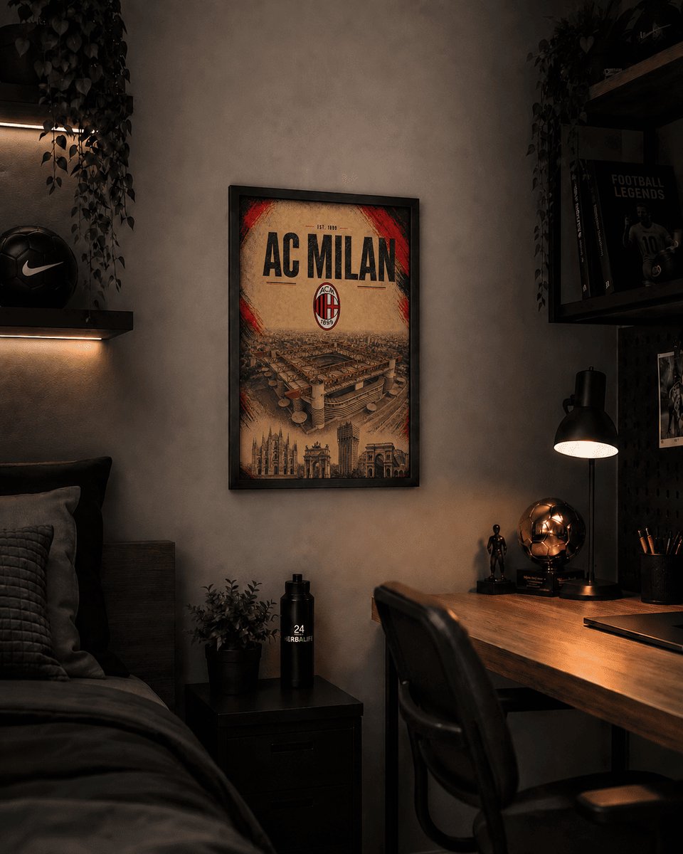 AC Milan Poster | San Siro Stadion & Milaan | Inclusief Zwarte A4 Lijst | Voetbal Wanddecoratie