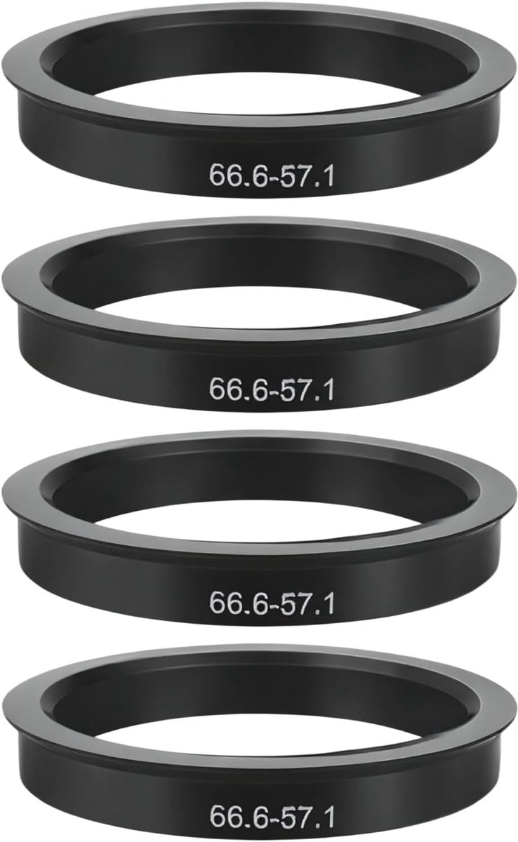 4 stuks centreerringen, 66,6 naar 57,1 mm, kunststof, zwart, centreerringen, compatibel met VW Mercedes, velgen, wielnaafring, trillingsreductie, aluminium, staal, perfecte pasvorm