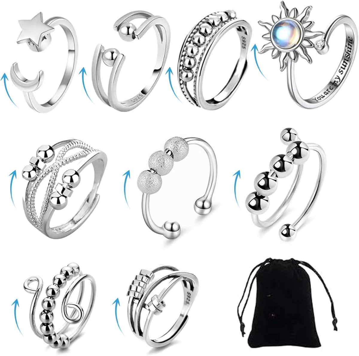Ringen voor dames, antistress zilveren angst ring open ringen, fidget spinner ringen, ring verstelbare stemmingsring geschenken angst ringen voor vrouwen mannen