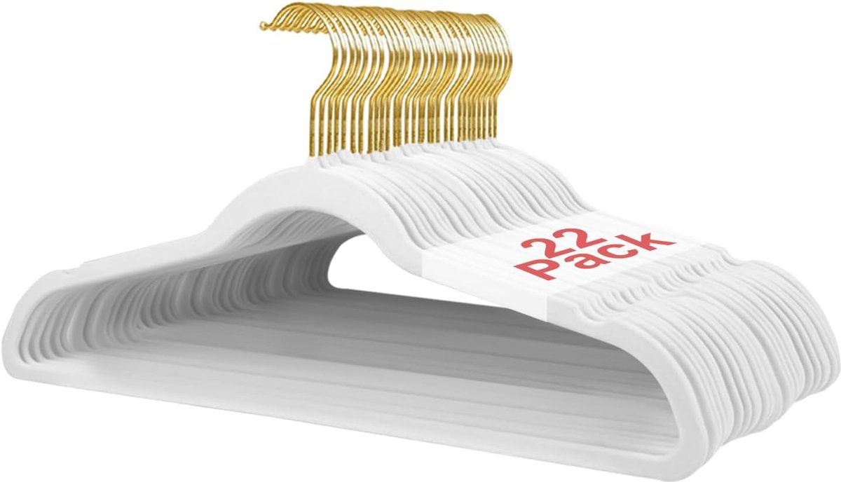 22 stuks fluwelen kleerhangers, 45 cm antislip rok en jurkhangers met schouderinkepingen, ruimtebesparend voor volwassenen - wit met gouden haak