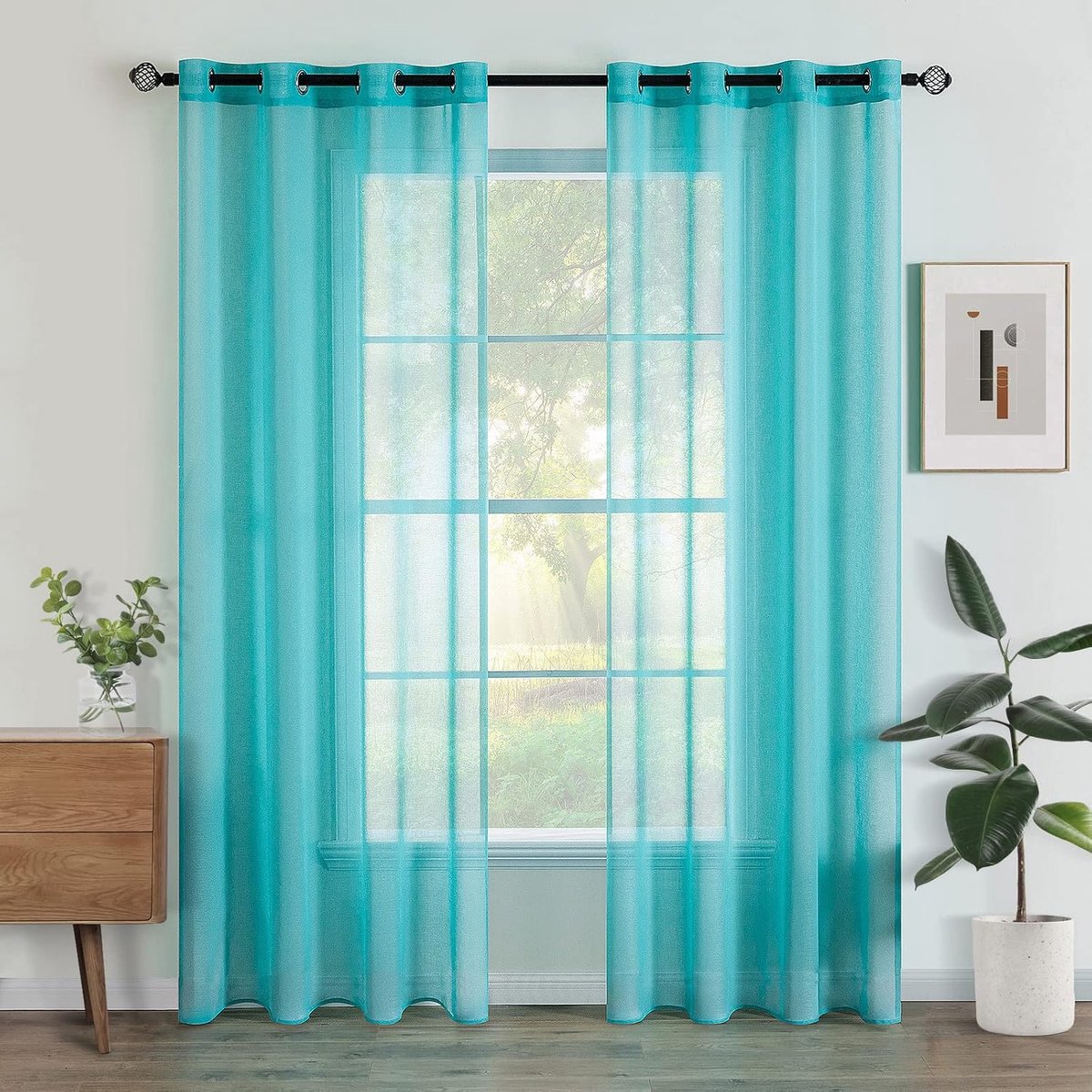 Set van 2 transparante gordijnen met ringen, semi-transparante binnengordijnen voor slaapkamer, woonkamer, huis, 140x245 cm, blauw