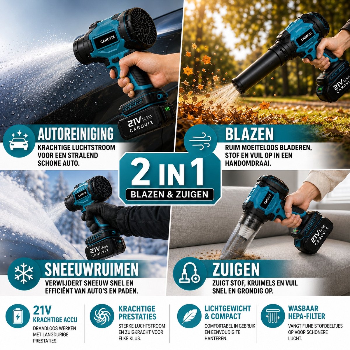 Carovix® Bladblazer op accu - 2-in-1 Accu Bladblazer & Handstofzuiger – Krachtig Blazen en Zuigen - 2 Accu’s - 350km/u Luchtsnelheid - Voor Tuin, Auto & Huis - Handblazer - Draadloze Luchtblazer - Auto Droger - Turbo Ventilator - Stofblazer – foto 2